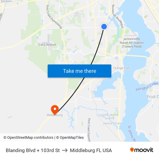 Blanding Blvd + 103rd St to Middleburg FL USA map