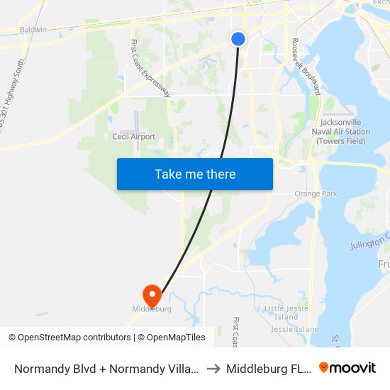 Normandy Blvd + Normandy Village Pkwy to Middleburg FL USA map