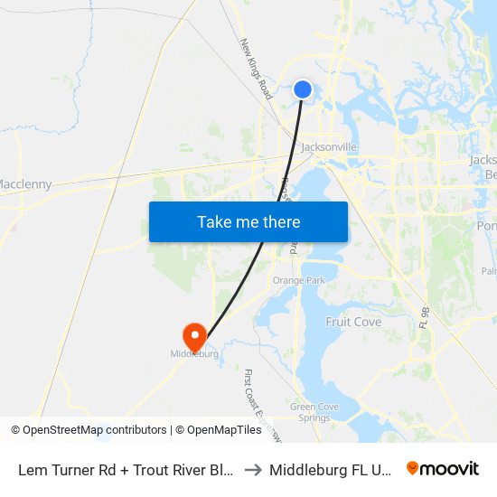 Lem Turner Rd + Trout River Blvd to Middleburg FL USA map