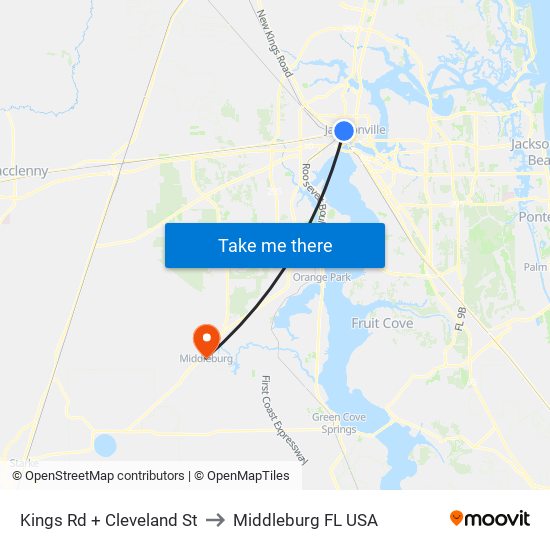 Kings Rd + Cleveland St to Middleburg FL USA map