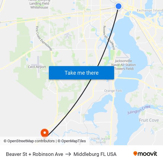 Beaver St + Robinson Ave to Middleburg FL USA map