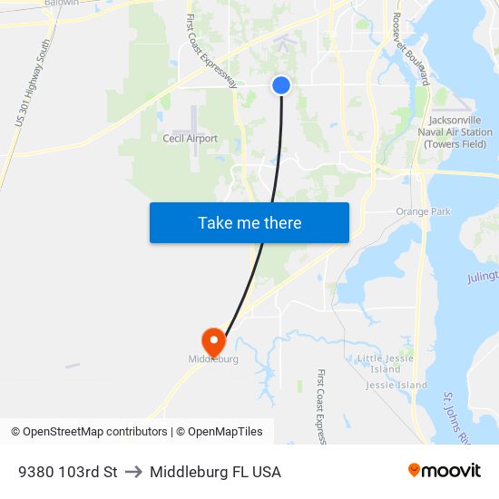 9380 103rd St to Middleburg FL USA map