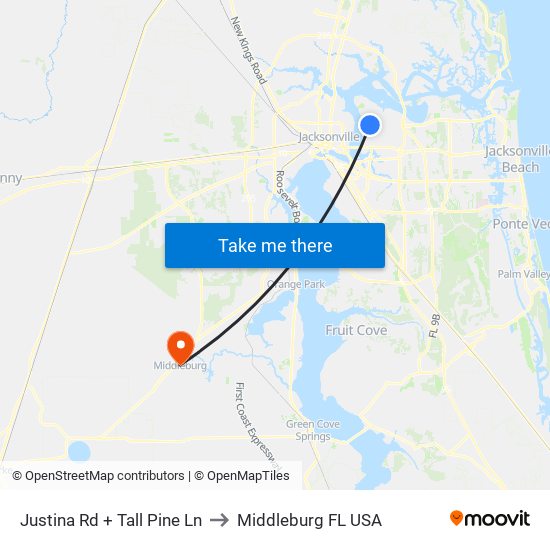 Justina Rd + Tall Pine Ln to Middleburg FL USA map