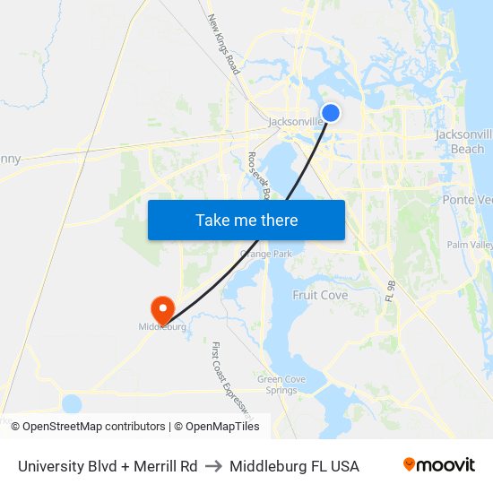 University Blvd + Merrill Rd to Middleburg FL USA map