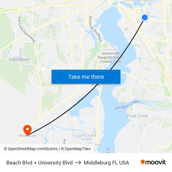 Beach Blvd + University Blvd to Middleburg FL USA map