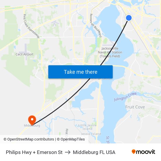 Philips Hwy + Emerson St to Middleburg FL USA map