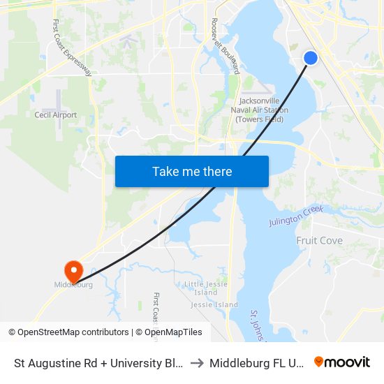 St Augustine Rd + University Blvd to Middleburg FL USA map