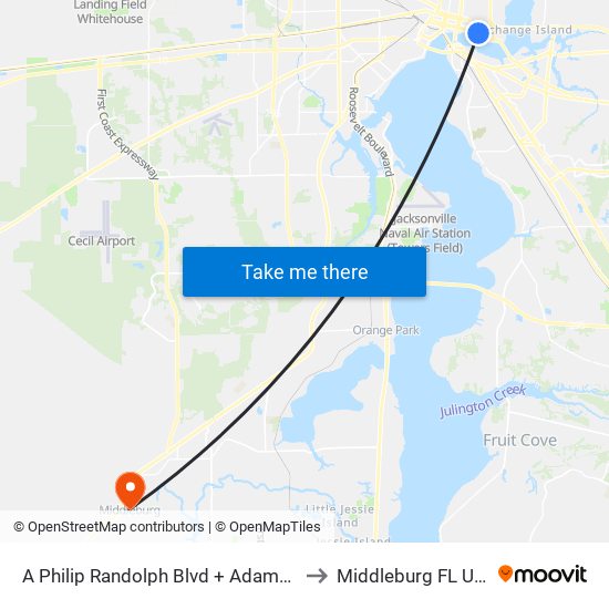 A Philip Randolph Blvd + Adams St to Middleburg FL USA map