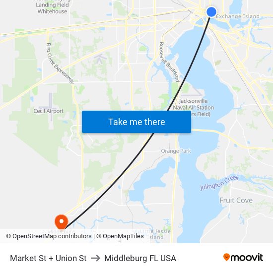 Market St + Union St to Middleburg FL USA map