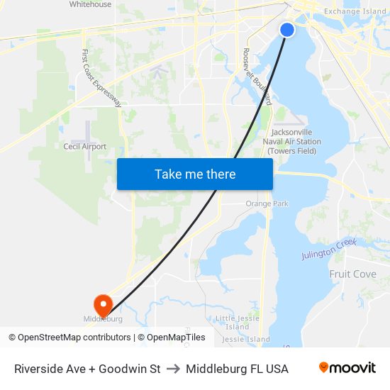 Riverside Ave + Goodwin St to Middleburg FL USA map