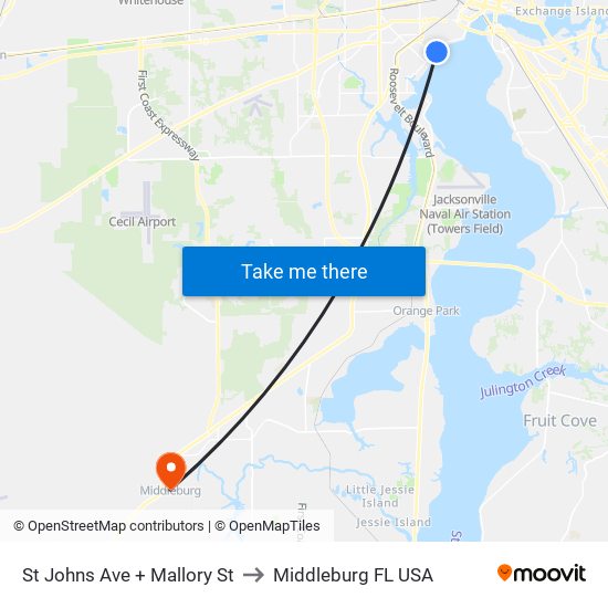 St Johns Ave + Mallory St to Middleburg FL USA map