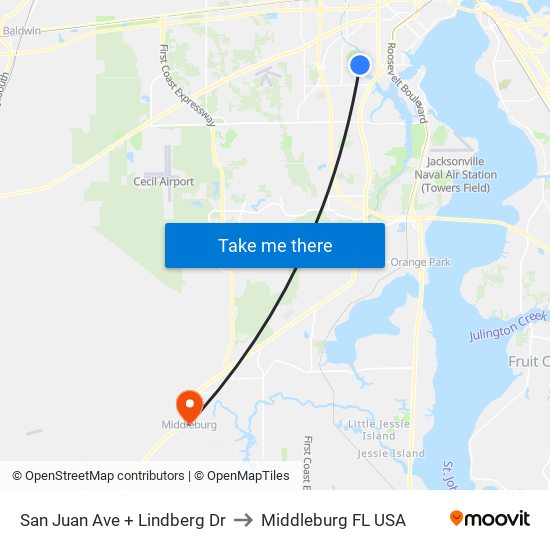 San Juan Ave + Lindberg Dr to Middleburg FL USA map