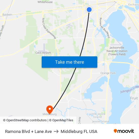 Ramona Blvd + Lane Ave to Middleburg FL USA map