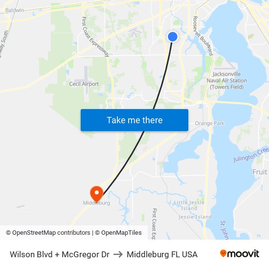 Wilson Blvd + McGregor Dr to Middleburg FL USA map