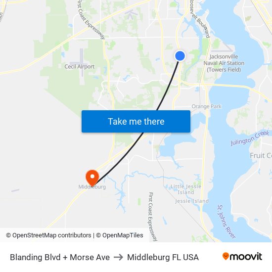 Blanding Blvd + Morse Ave to Middleburg FL USA map