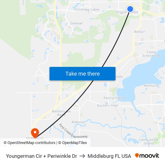 Youngerman Cir + Periwinkle Dr to Middleburg FL USA map