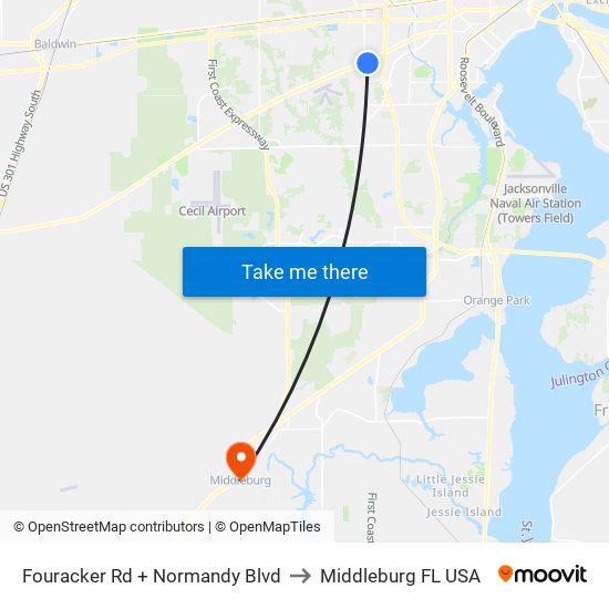 Fouracker Rd + Normandy Blvd to Middleburg FL USA map