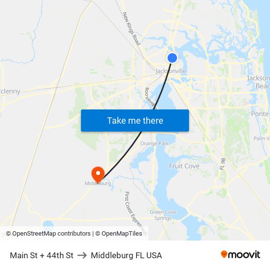 Main St + 44th St to Middleburg FL USA map