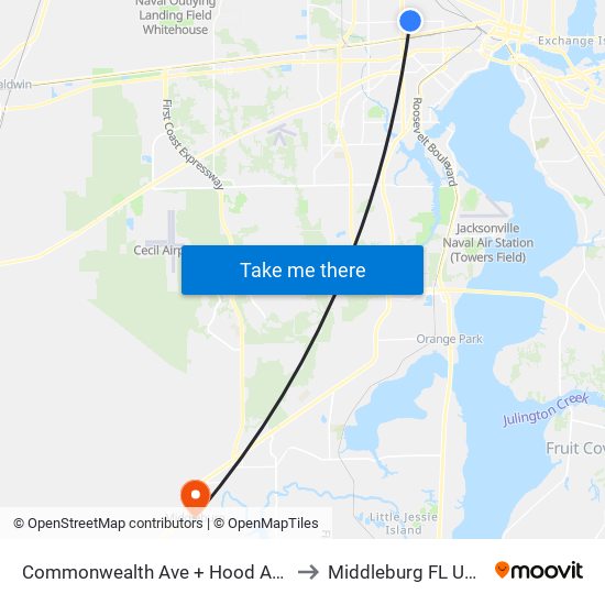 Commonwealth Ave + Hood Ave to Middleburg FL USA map