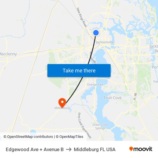 Edgewood Ave + Avenue B to Middleburg FL USA map