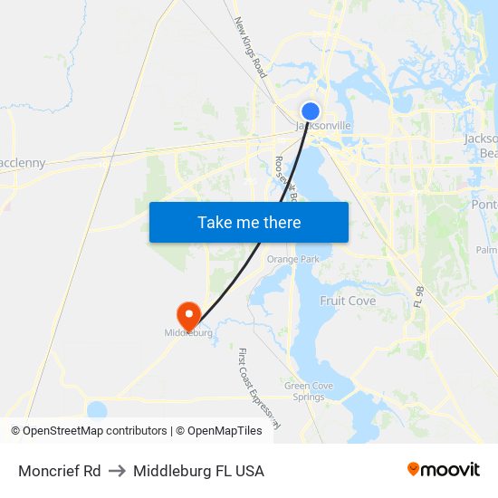 Moncrief Rd to Middleburg FL USA map