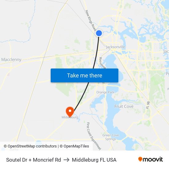 Soutel Dr + Moncrief Rd to Middleburg FL USA map