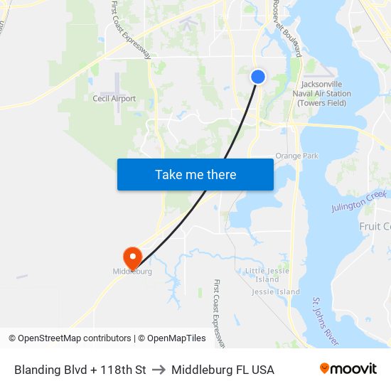 Blanding Blvd + 118th St to Middleburg FL USA map