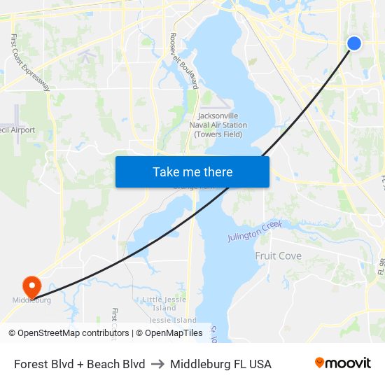 Forest Blvd + Beach Blvd to Middleburg FL USA map