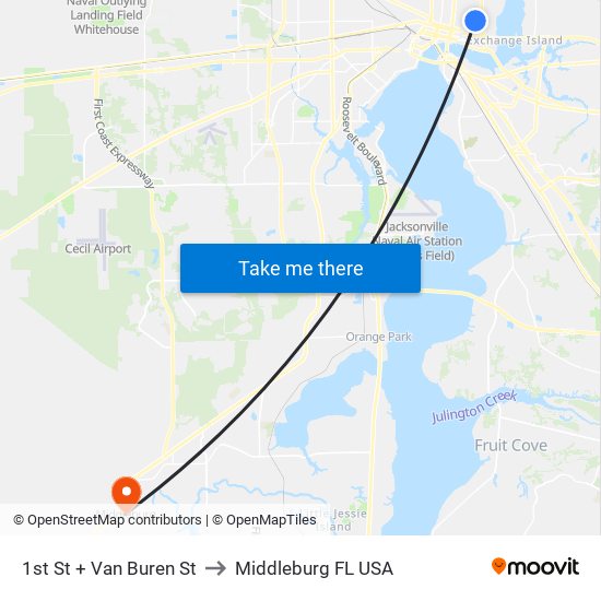 1st St + Van Buren St to Middleburg FL USA map