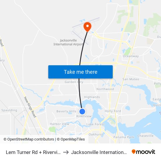 Lem Turner Rd + Riverview School Rd to Jacksonville International Airport - JAX map