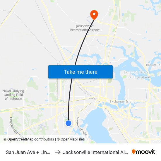 San Juan Ave + Lindberg Dr to Jacksonville International Airport - JAX map