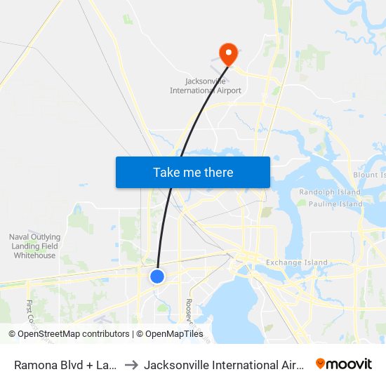 Ramona Blvd + Lane Ave to Jacksonville International Airport - JAX map