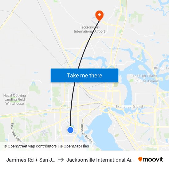 Jammes Rd + San Juan Ave to Jacksonville International Airport - JAX map