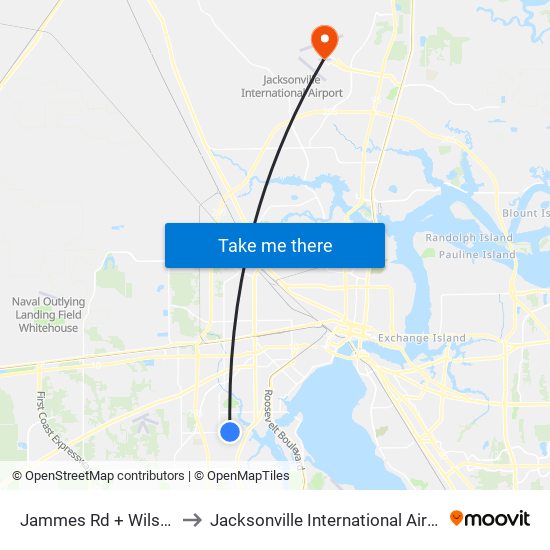 Jammes Rd + Wilson Blvd to Jacksonville International Airport - JAX map