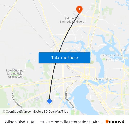 Wilson Blvd + Debra Dr to Jacksonville International Airport - JAX map