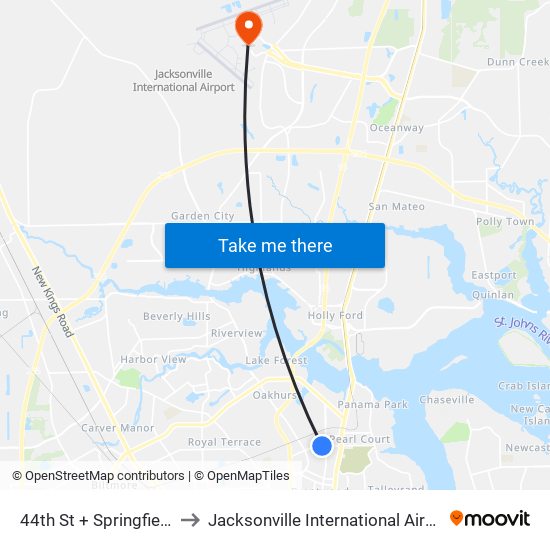 44th St + Springfield Blvd to Jacksonville International Airport - JAX map