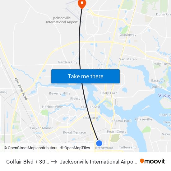 Golfair Blvd + 30th St to Jacksonville International Airport - JAX map