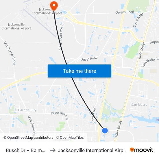 Busch Dr + Balmoral Dr to Jacksonville International Airport - JAX map