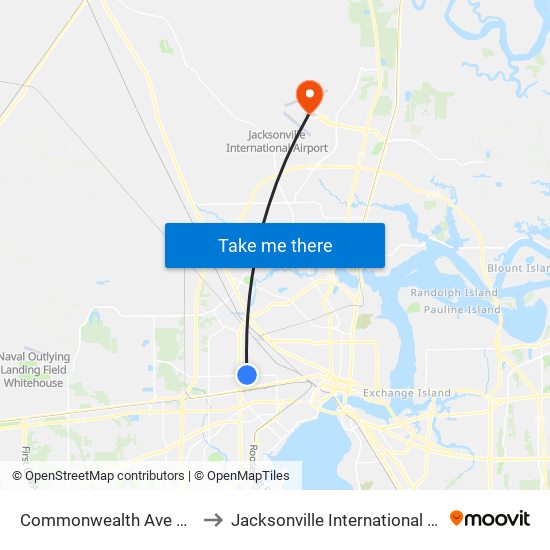 Commonwealth Ave + Hood Ave to Jacksonville International Airport - JAX map