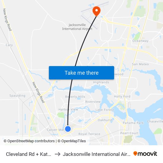 Cleveland Rd + Katanga Dr to Jacksonville International Airport - JAX map