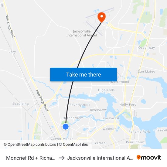 Moncrief Rd + Richardson Rd to Jacksonville International Airport - JAX map