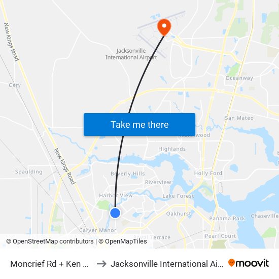 Moncrief Rd + Ken Knight Dr to Jacksonville International Airport - JAX map