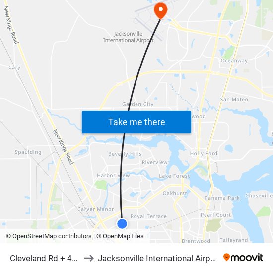 Cleveland Rd + 45th St to Jacksonville International Airport - JAX map