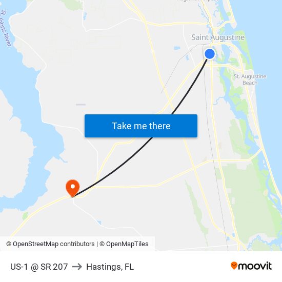 US-1 @ SR 207 to Hastings, FL map