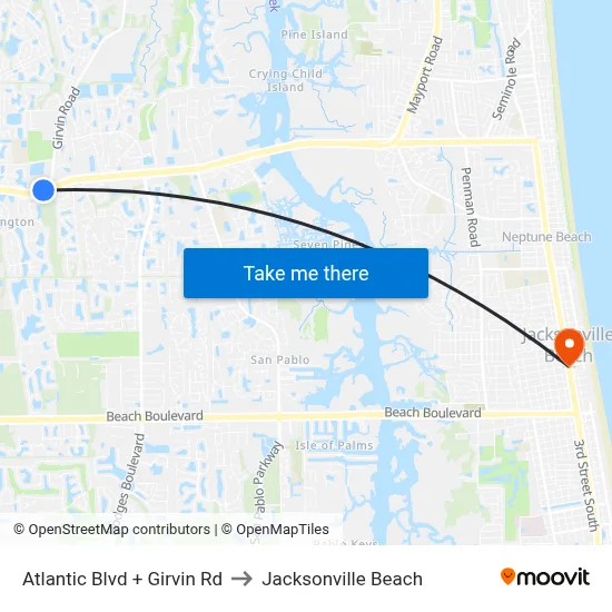 Atlantic Blvd + Girvin Rd to Jacksonville Beach map