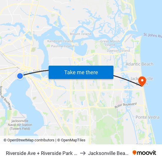 Riverside Ave + Riverside Park Pl to Jacksonville Beach map