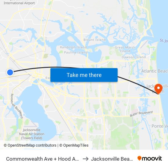 Commonwealth Ave + Hood Ave to Jacksonville Beach map