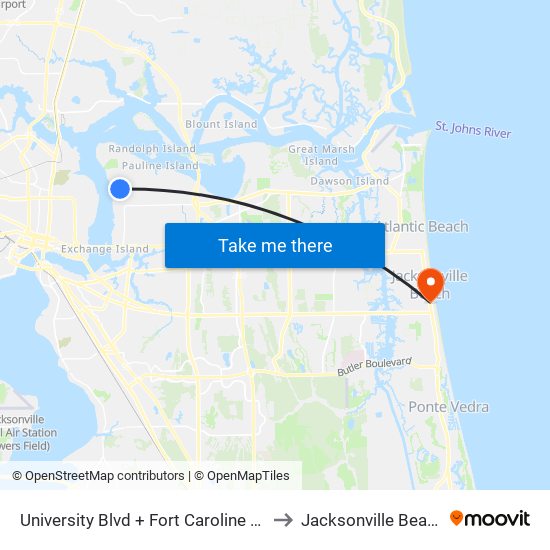 University Blvd + Fort Caroline Rd to Jacksonville Beach map