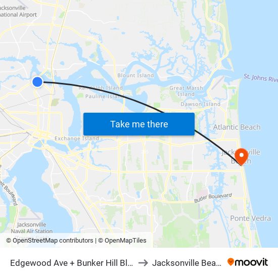 Edgewood Ave + Bunker Hill Blvd to Jacksonville Beach map