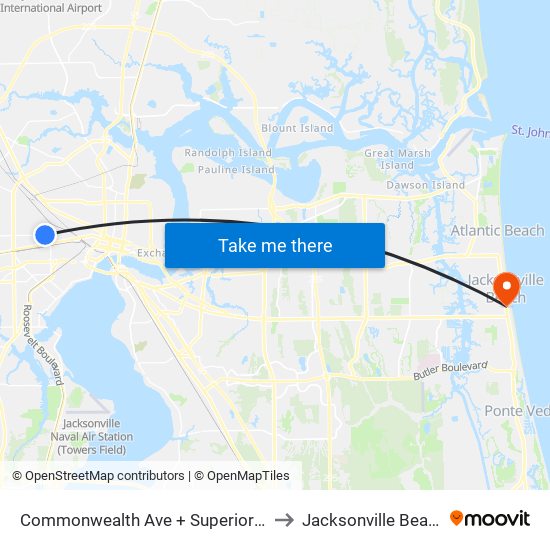 Commonwealth Ave + Superior St to Jacksonville Beach map